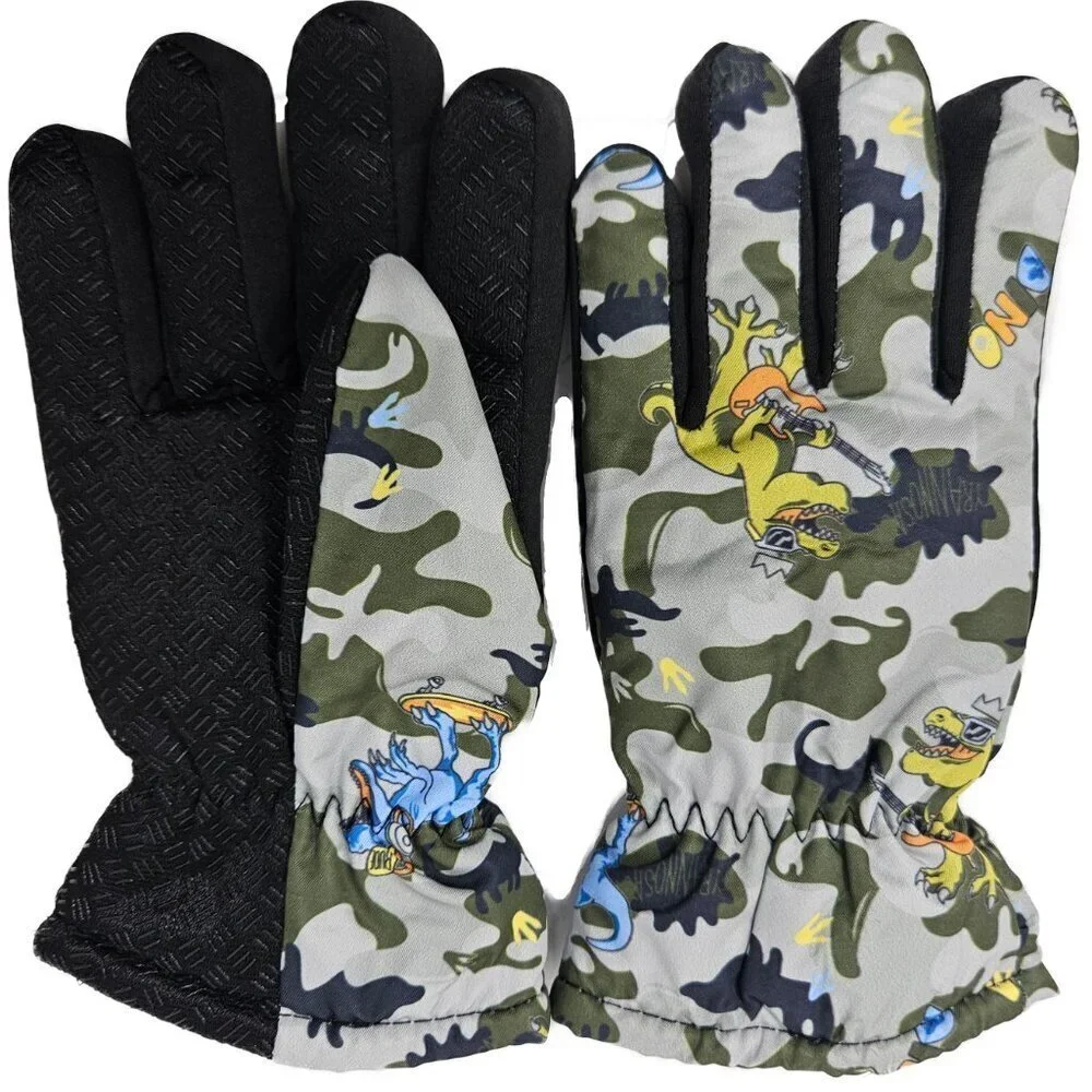 Kids Winter Gloves, Boys Girls Ski Glove, Faux Fur Lined Dinosaur Designs, Green